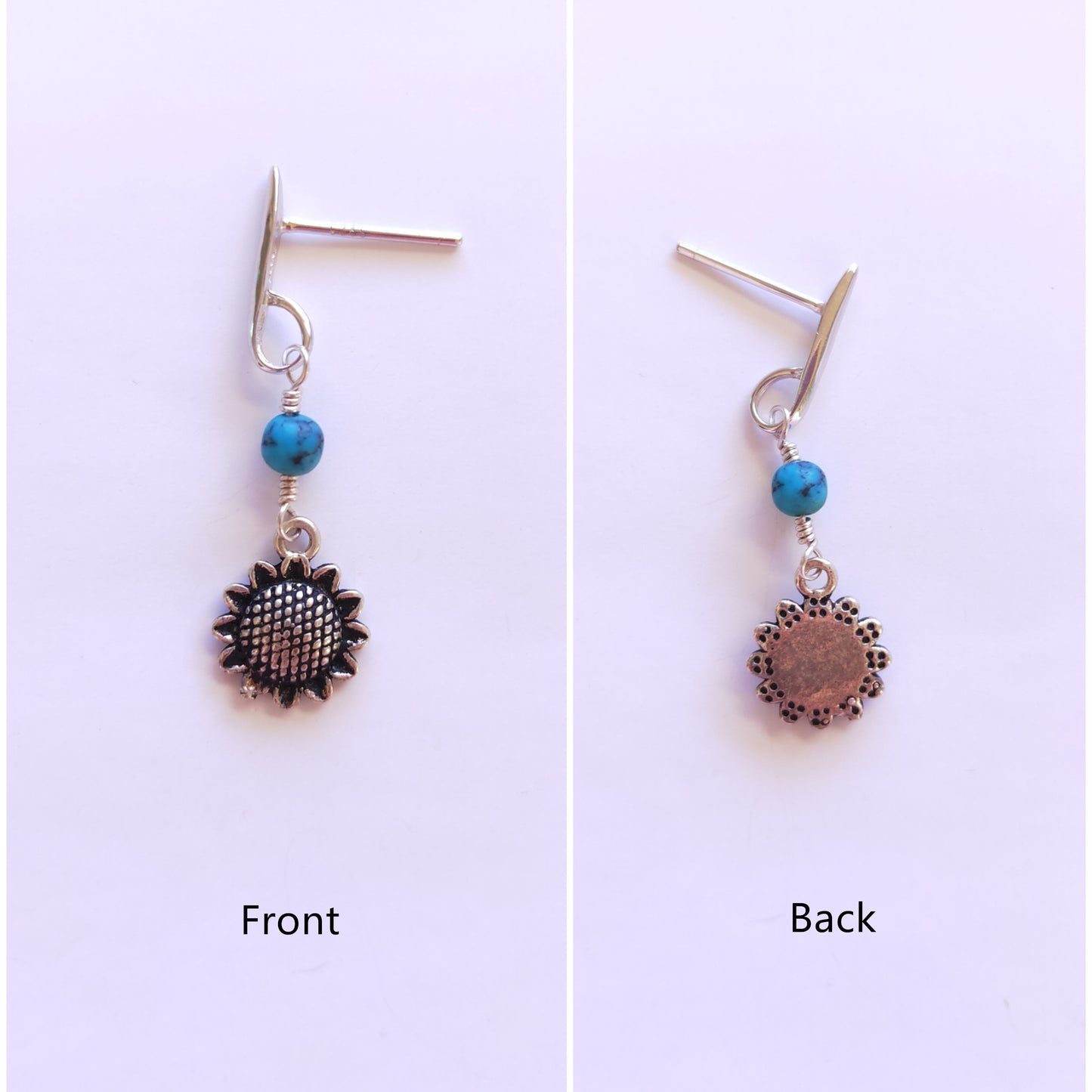 Sunflower-shaped earrings with turquoise beads on a white background