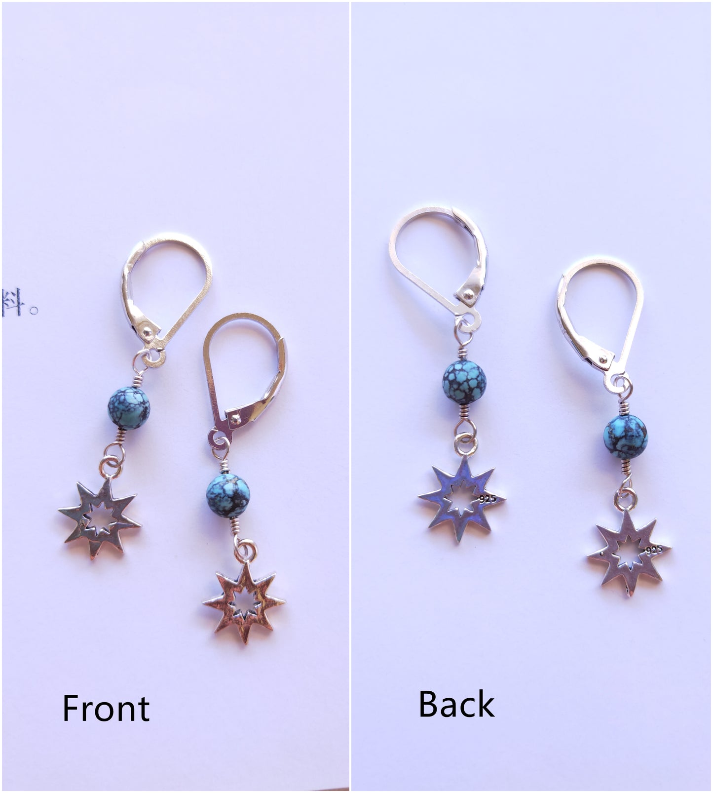 Pair of earrings showing front and back views on a light purple background
