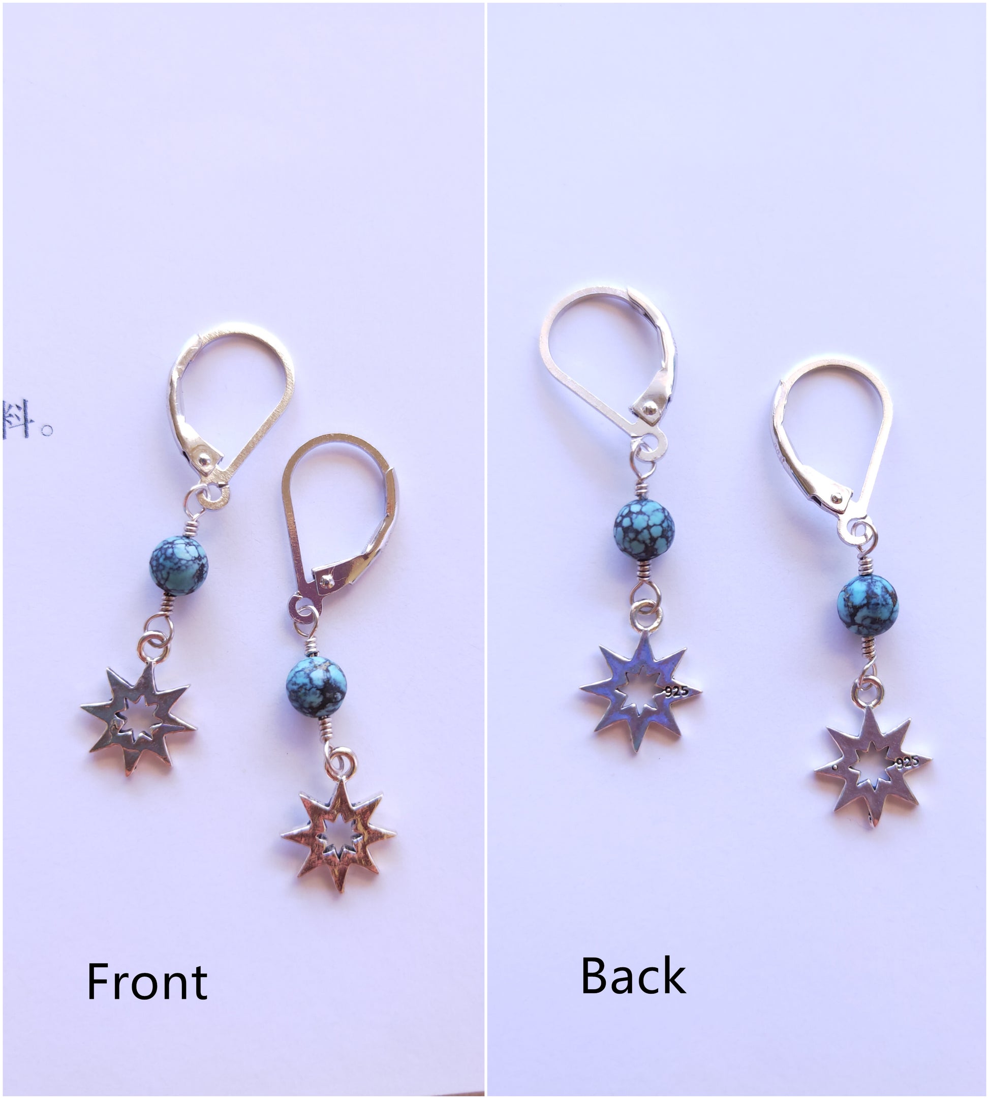 Pair of earrings showing front and back views on a light purple background