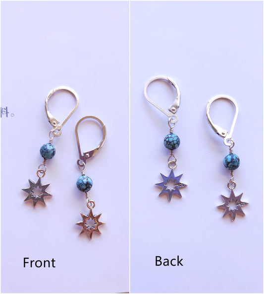 Pair of earrings showing front and back views on a light purple background