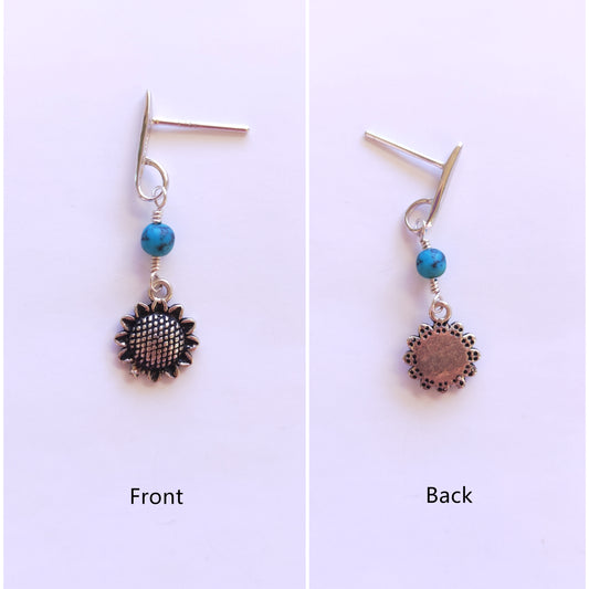 Sunflower-shaped earrings with turquoise beads on a white background